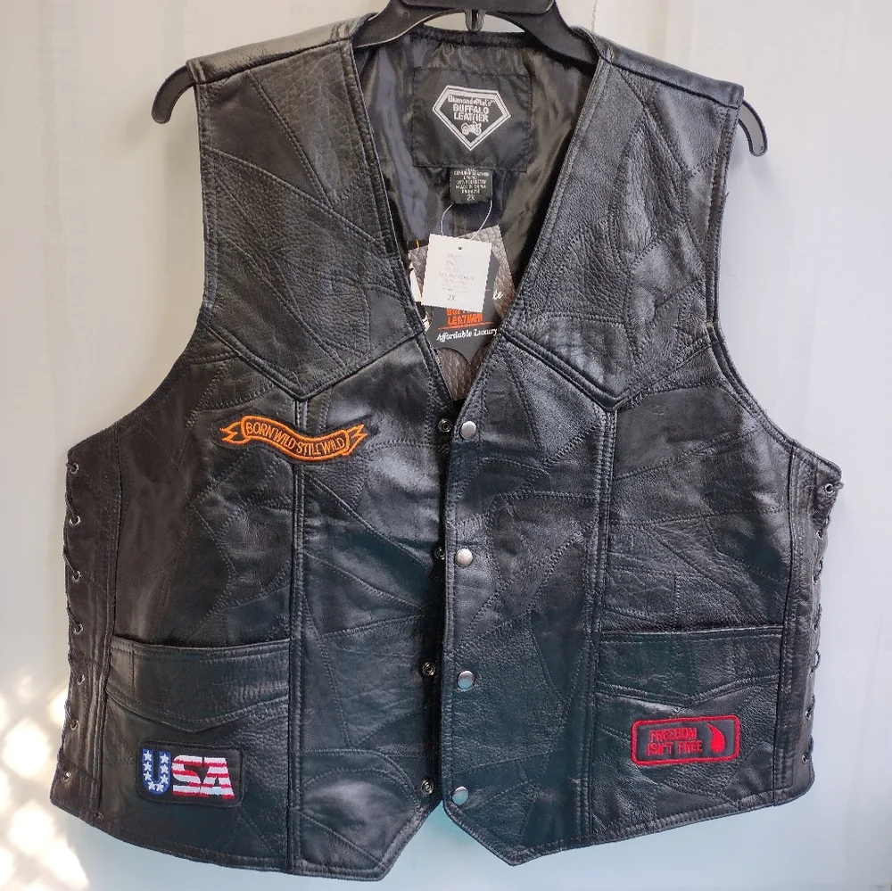 Diamond Plate Buffalo Mens Leather Vest Embroidered Patches 2X New